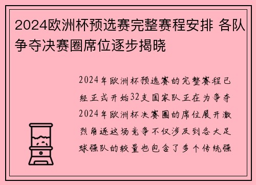 2024欧洲杯预选赛完整赛程安排 各队争夺决赛圈席位逐步揭晓